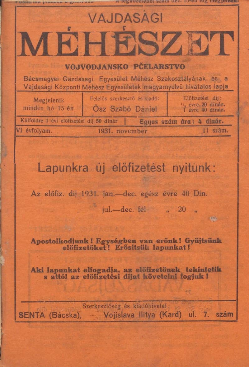Vajdasági méhészet, 6. évf. 1931. november 15. 11. sz.