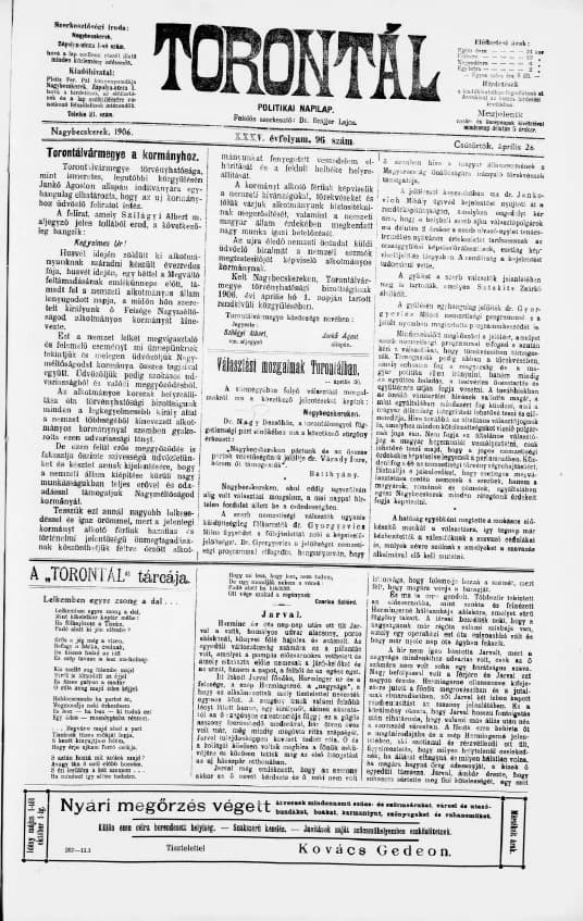 Torontál, 35. évf. 1906. április 26. 96. sz.