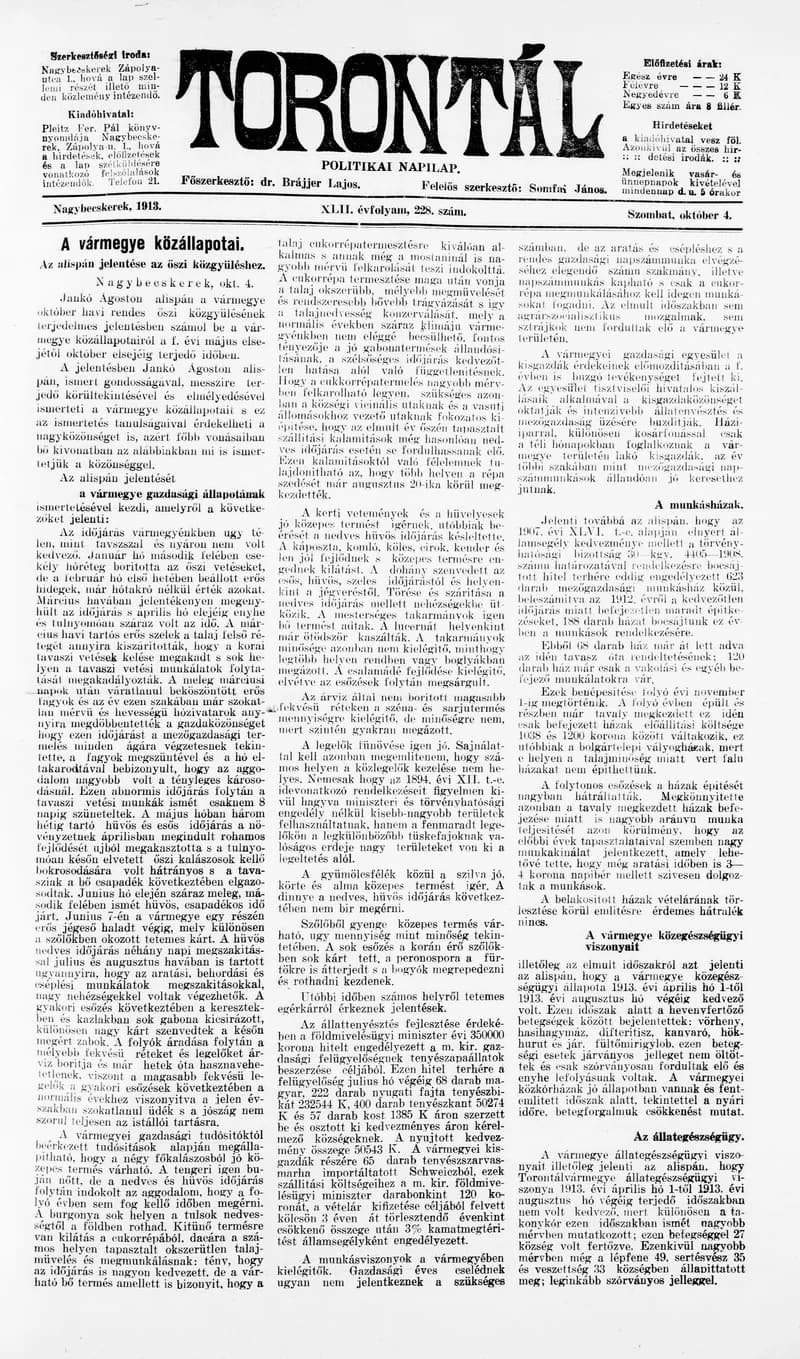 Torontál, 42. évf. 1913. október 4. 228. sz.
