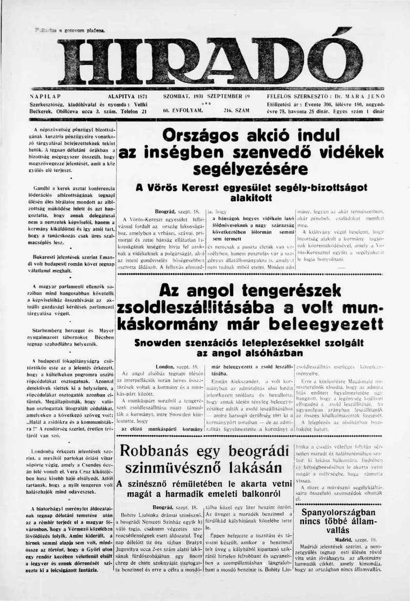 Híradó, 60. évf. 1931. szeptember 19. 216. sz.