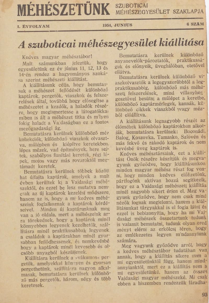 Méhészetünk, 1. évf. 1954. június 1. 6. sz.
