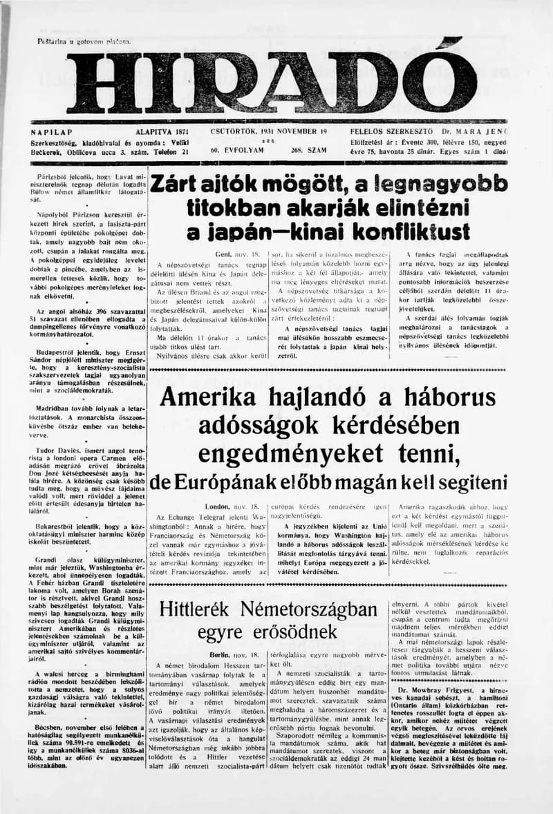 Híradó, 60. évf. 1931. november 19. 268. sz.