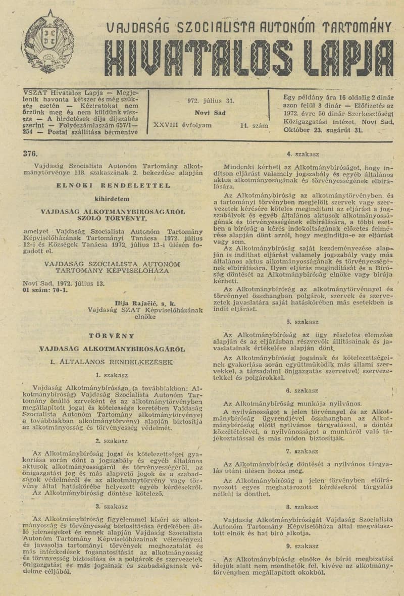 Vajdaság Szocialista Autonóm Tartomány Hivatalos Lapja, 28. évf. 1972. július 31. 14. sz. 545–560. oldal