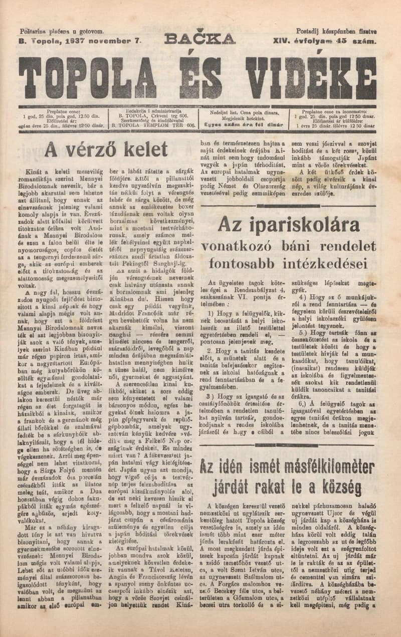 Bačka Topola és Vidéke, 14. évf. 1937. november 7. 45. sz.