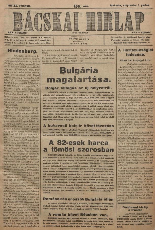 Bácskai Hirlap, 20. évf. 1916. szeptember 1. 400. sz.