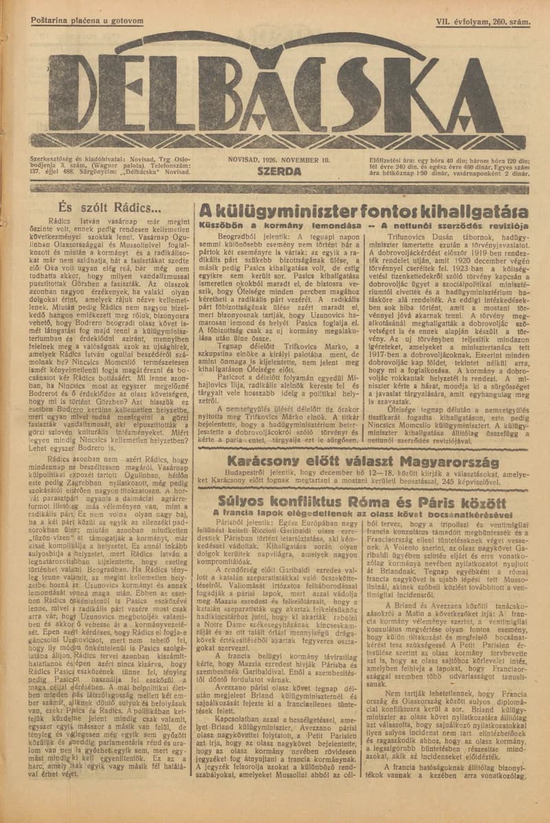Délbácska, 7. évf. 1926. november 10. 260. sz.