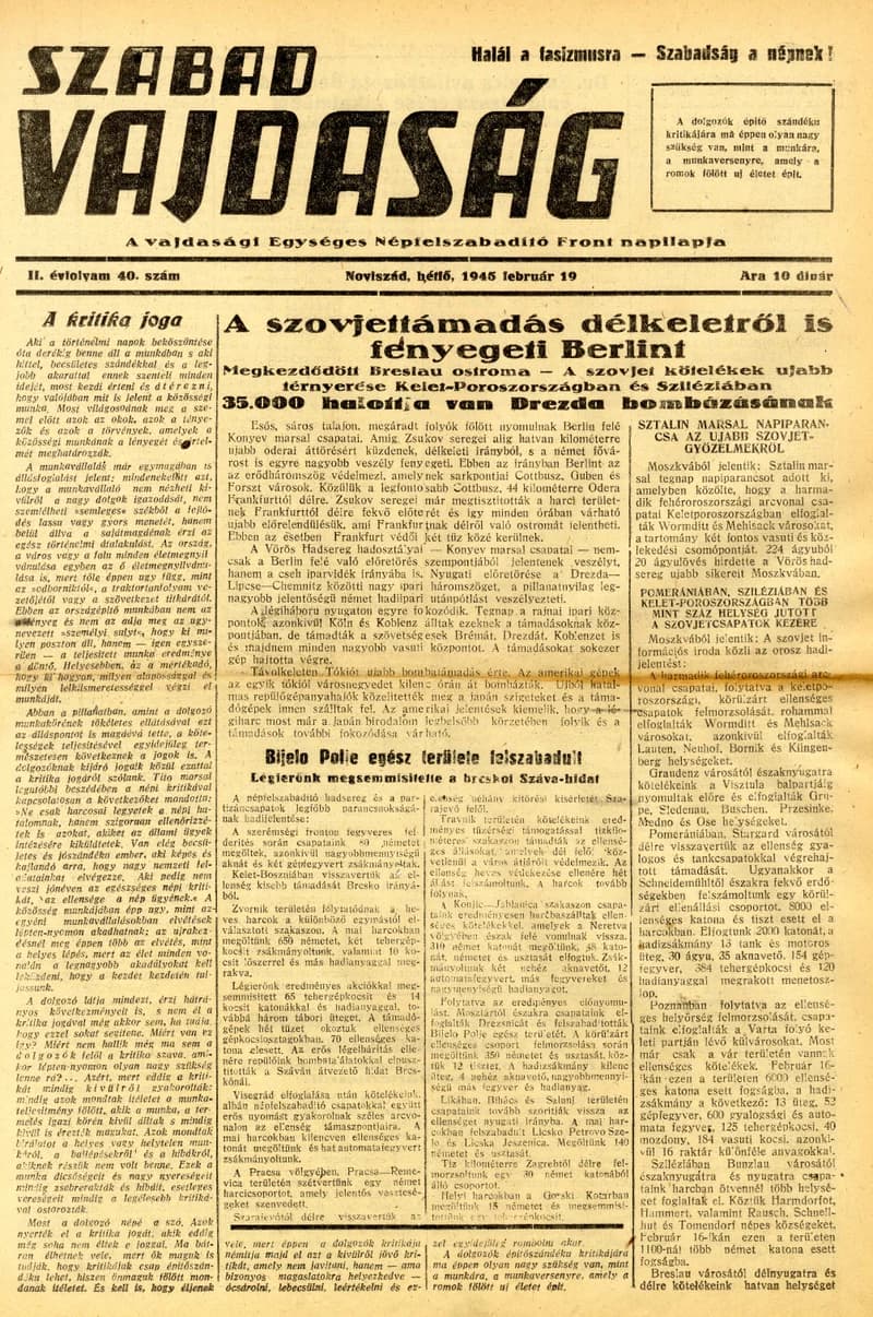 Szabad Vajdaság, 2. évf. 1945. február 19. 40. sz.