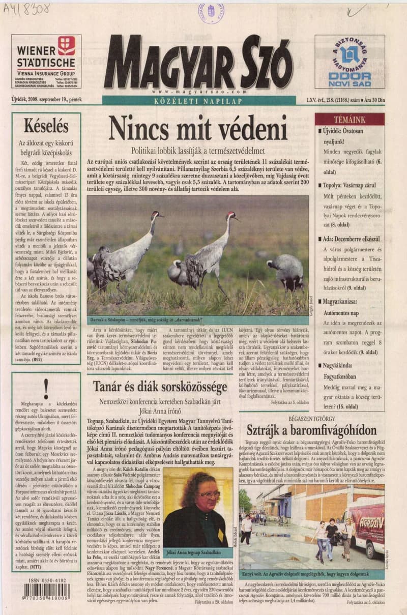 Magyar Szó, 65. évf. 2008. szeptember 19. 218. sz. 1–20. oldal