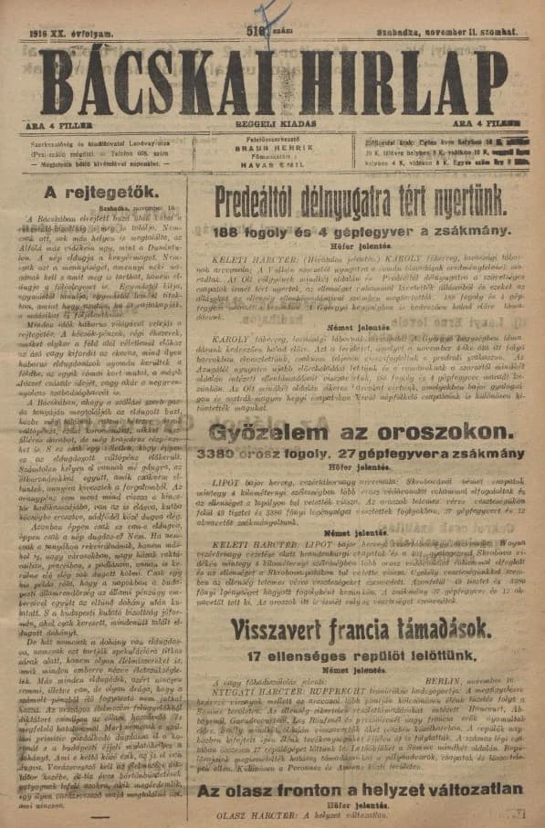 Bácskai Hirlap, 20. évf. 1916. november 11. 517. sz.