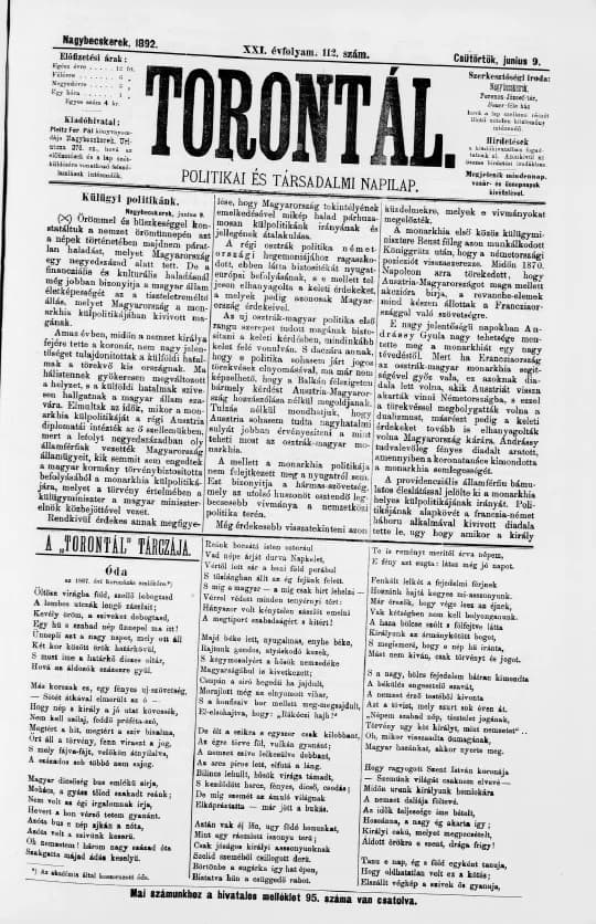 Torontál, 21. évf. 1892. június 9. 112. sz.
