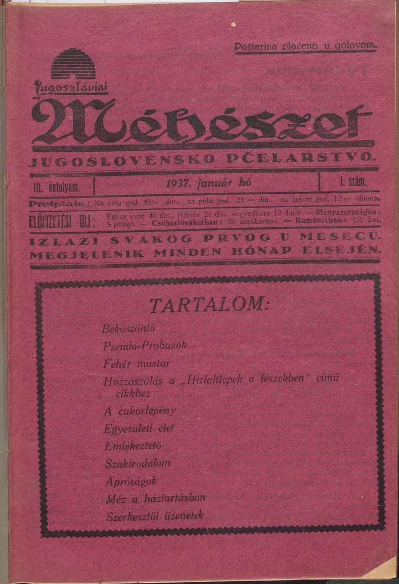 Jugoszláviai méhészet, 3. évf. 1937. január 1. 1. sz.