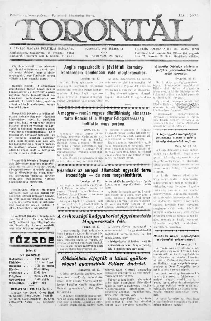 Torontál, 58. évf. 1929. július 13. 159. sz.