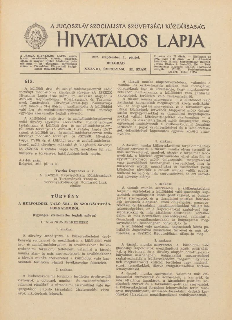 A Jugoszláv Szocialista Szövetségi Köztársaság Hivatalos Lapja, 38. évf. 1982. szeptember 3. 52. sz. 1309–1348. oldal