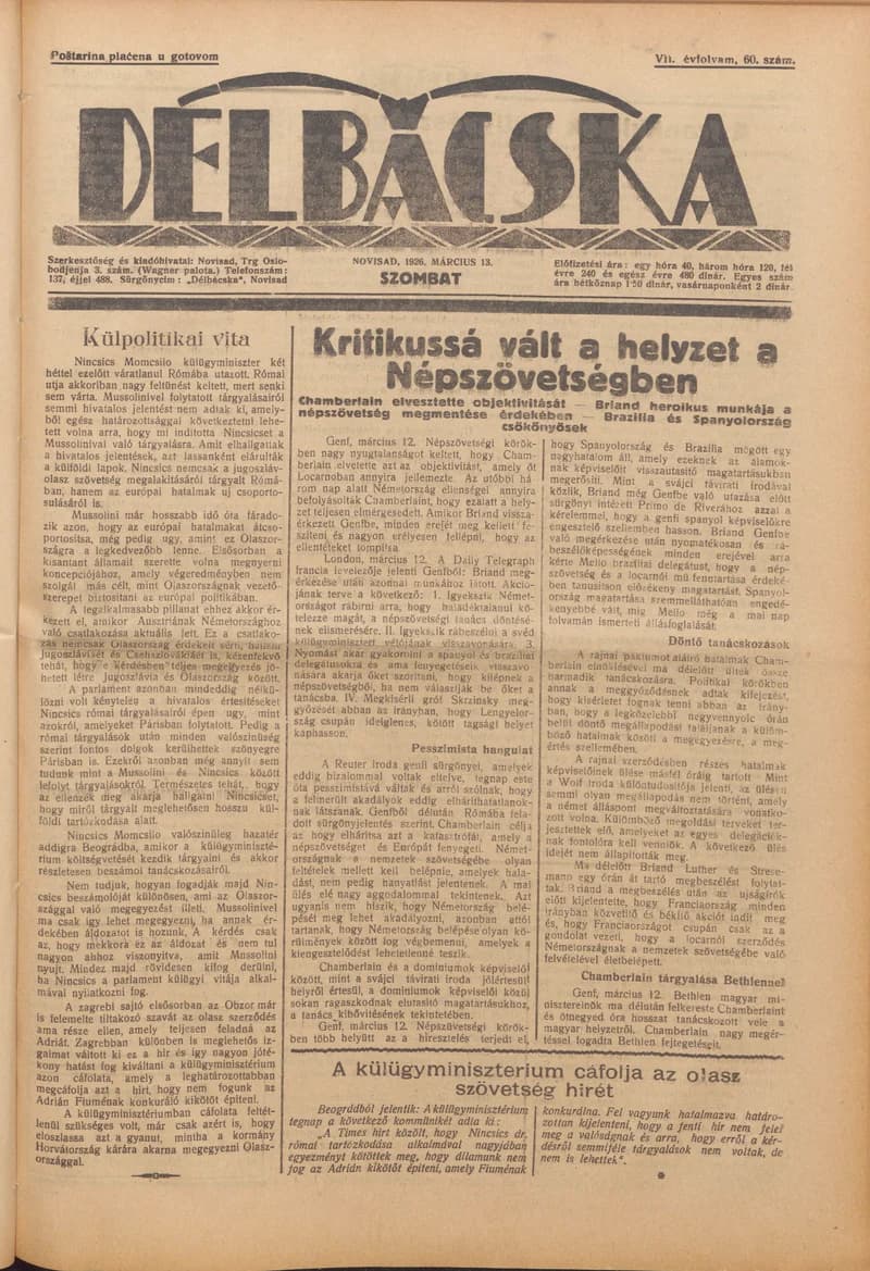 Délbácska, 7. évf. 1926. március 13. 60. sz.
