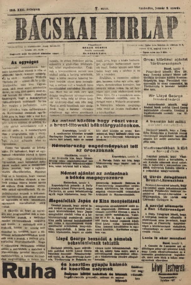 Bácskai Hirlap, 22. évf. 1918. január 9. 7. sz.
