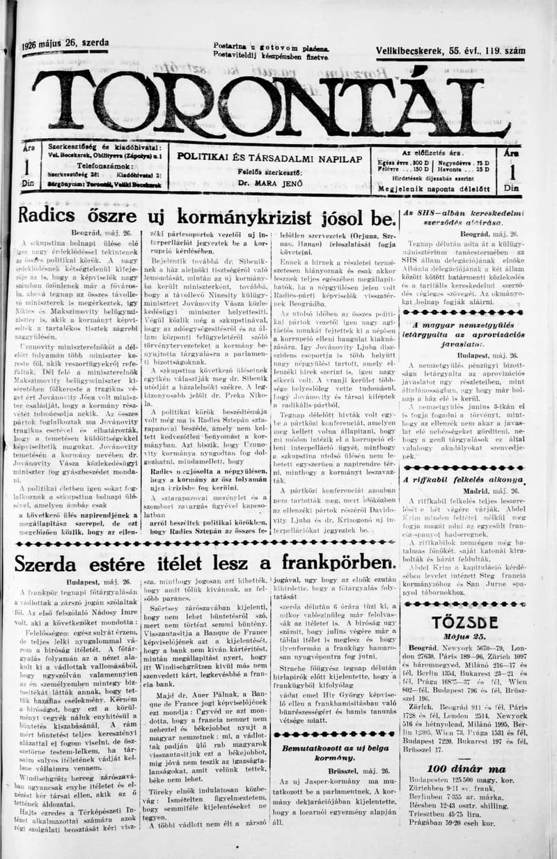 Torontál, 55. évf. 1926. május 26. 119. sz.