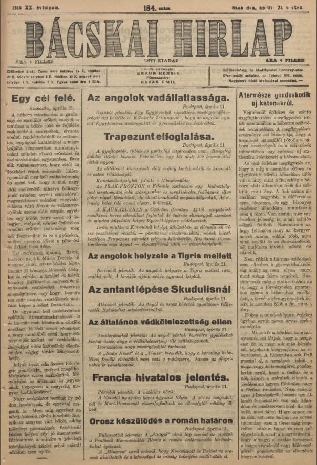 Bácskai Hirlap, 20. évf. 1916. április 21. 184. sz.