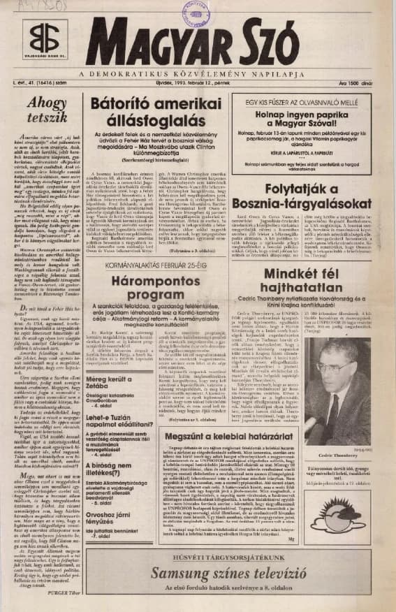 Magyar Szó, 50. évf. 1993. február 12. 41. sz. 1–16. oldal