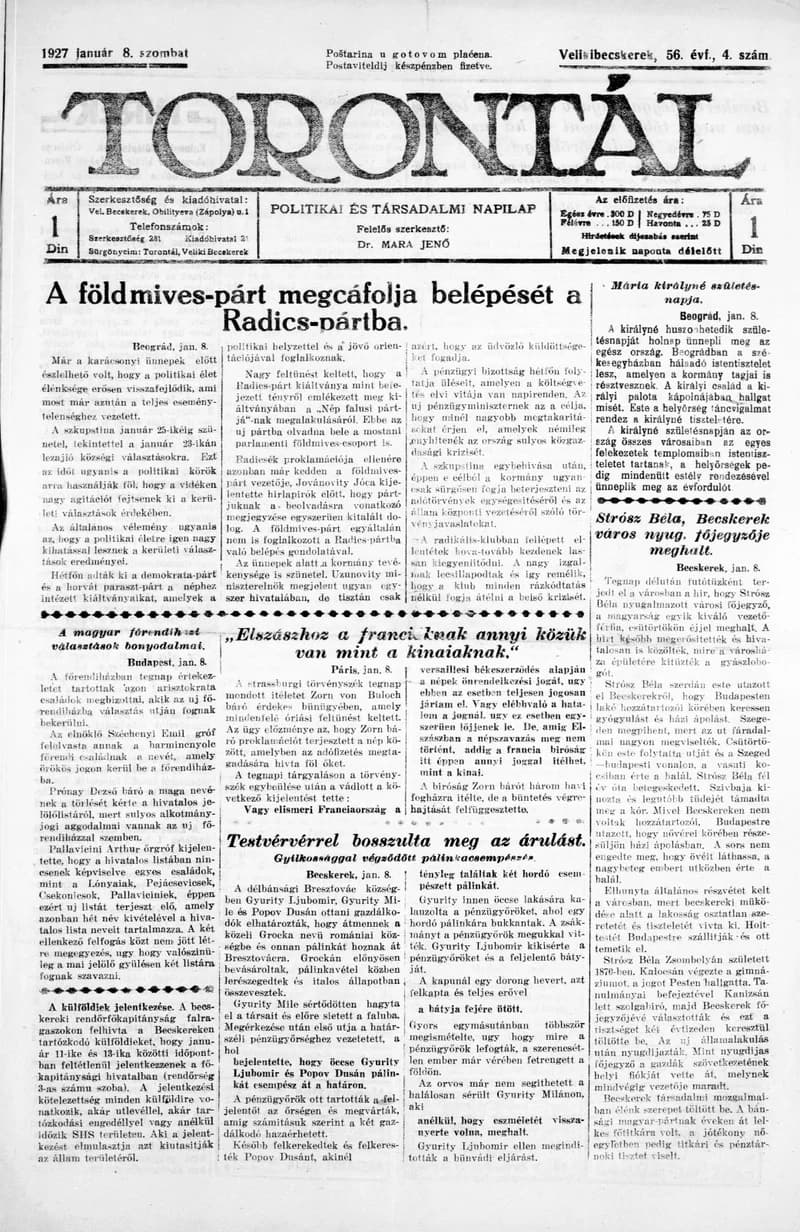 Torontál, 56. évf. 1927. január 8. 4. sz.