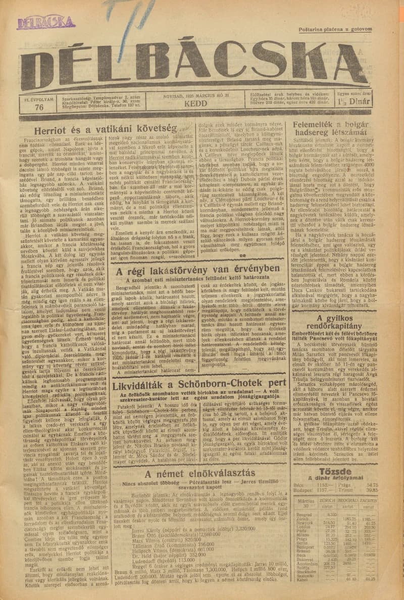 Délbácska, 6. évf. 1925. március 31. 76. sz.