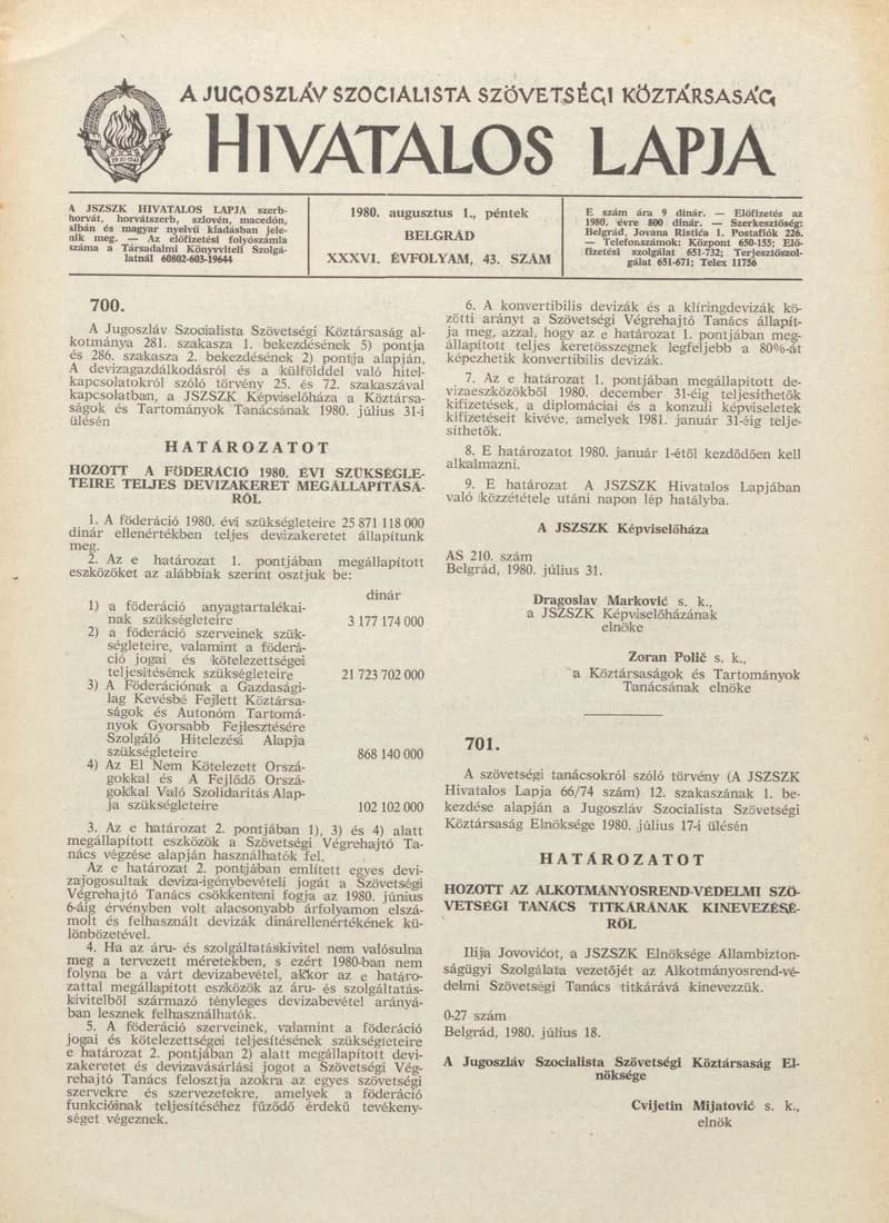 A Jugoszláv Szocialista Szövetségi Köztársaság Hivatalos Lapja, 36. évf. 1980. augusztus 1. 43. sz. 1429–1452. oldal