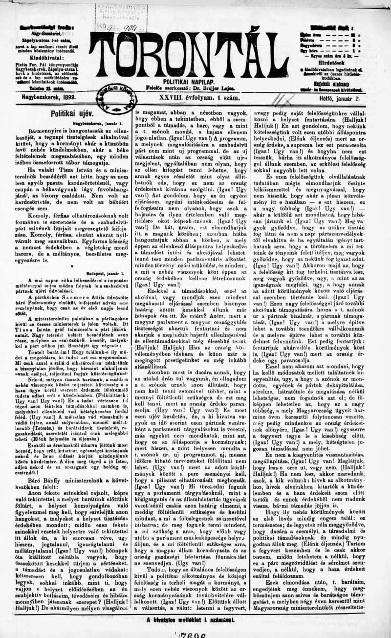 Torontál, 28. évf. 1899. január 2. 1. sz.