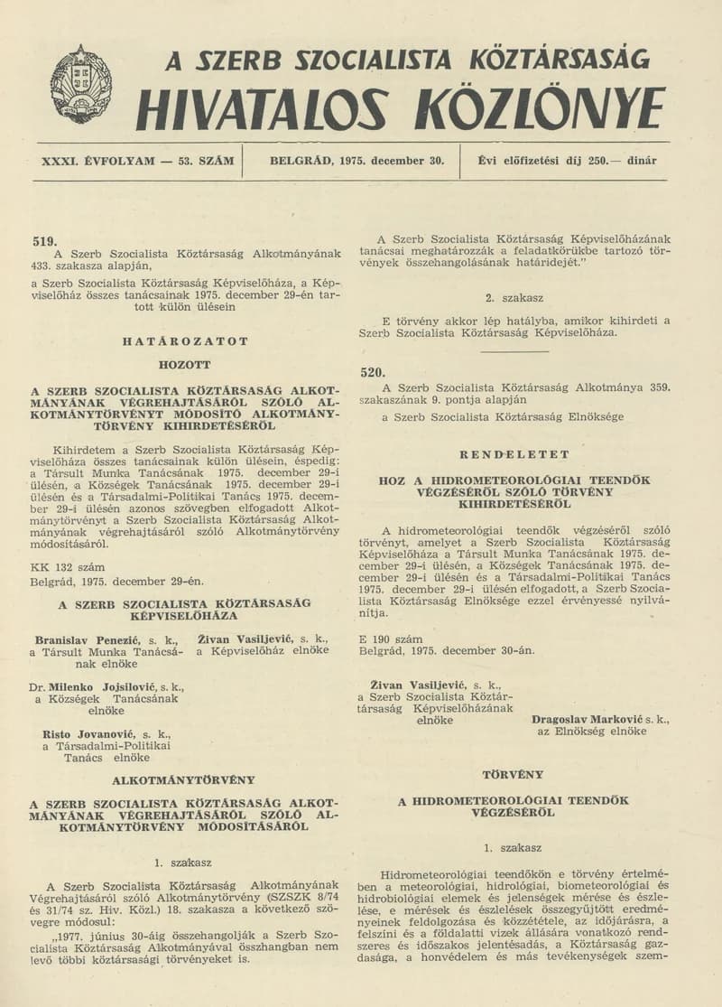 A Szerb Szocialista Köztársaság Hivatalos Közlönye, 31. évf. 1975. december 30. 53. sz. 1193–1196. oldal