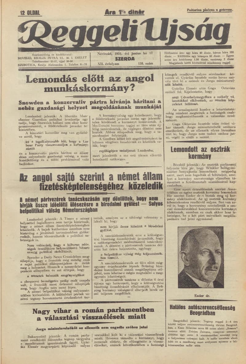 Reggeli Újság, 12. évf. 1931. június 17. 138. sz.