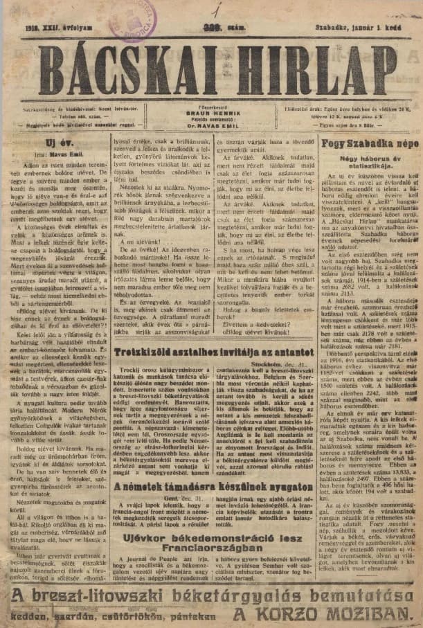 Bácskai Hirlap, 22. évf. 1918. január 1. 1. sz.