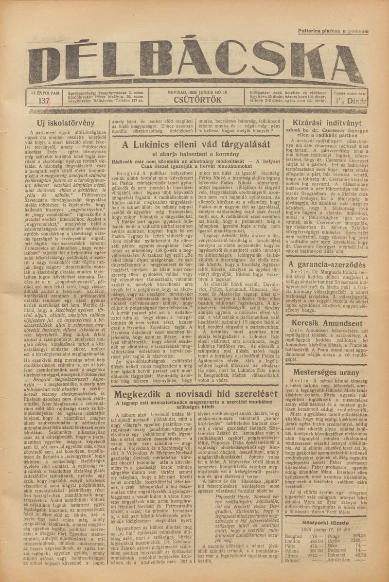 Délbácska, 6. évf. 1925. június 18. 139. sz.