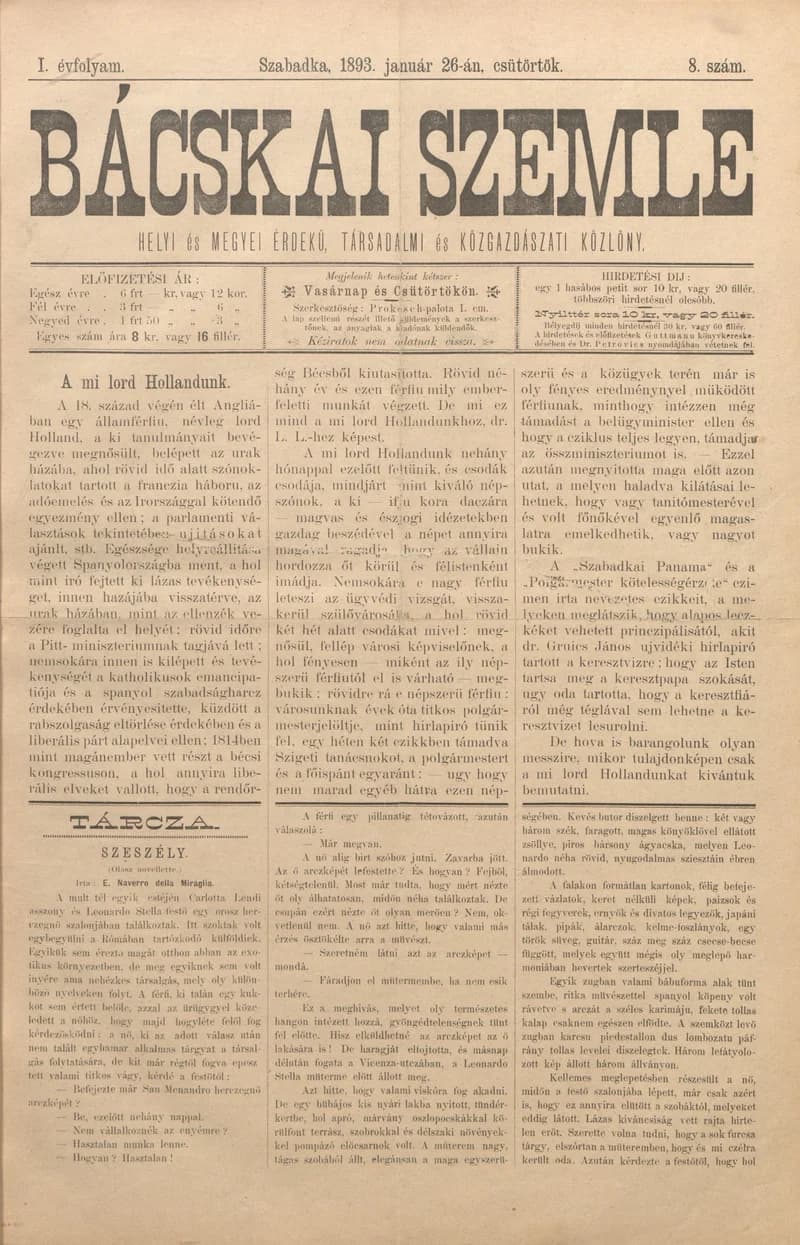 Bácskai Szemle, 1. évf. 1893. január 26. 8. sz.