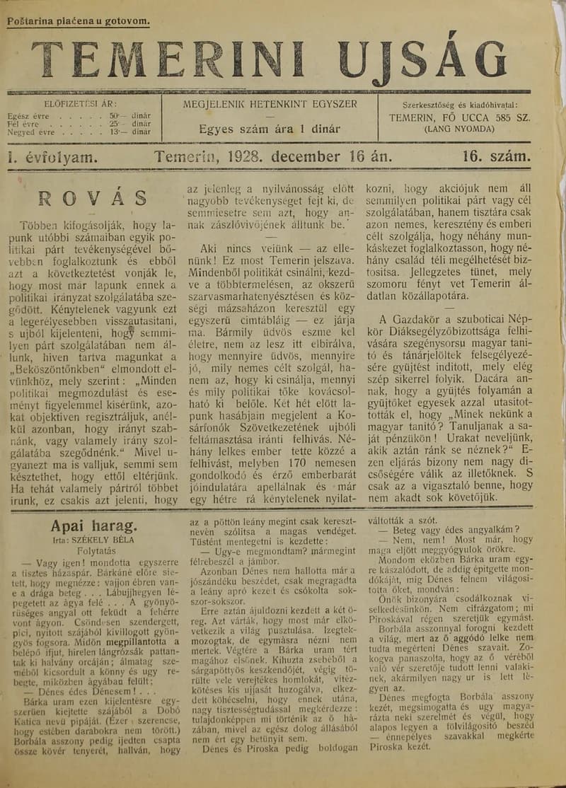 Temerini Újság 1928-1944, 1. évf. 1928. december 16. 16. sz.