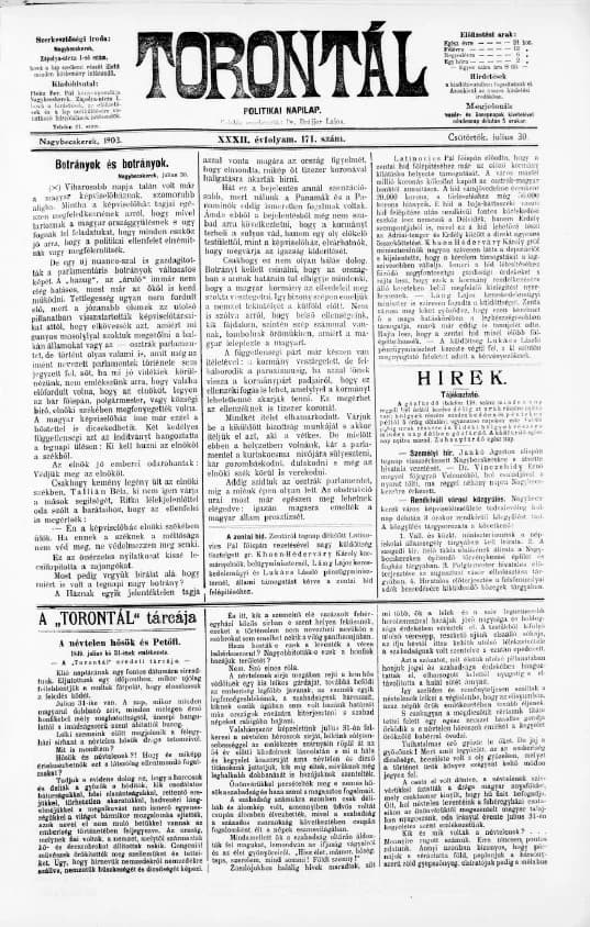 Torontál, 32. évf. 1903. július 30. 171. sz.