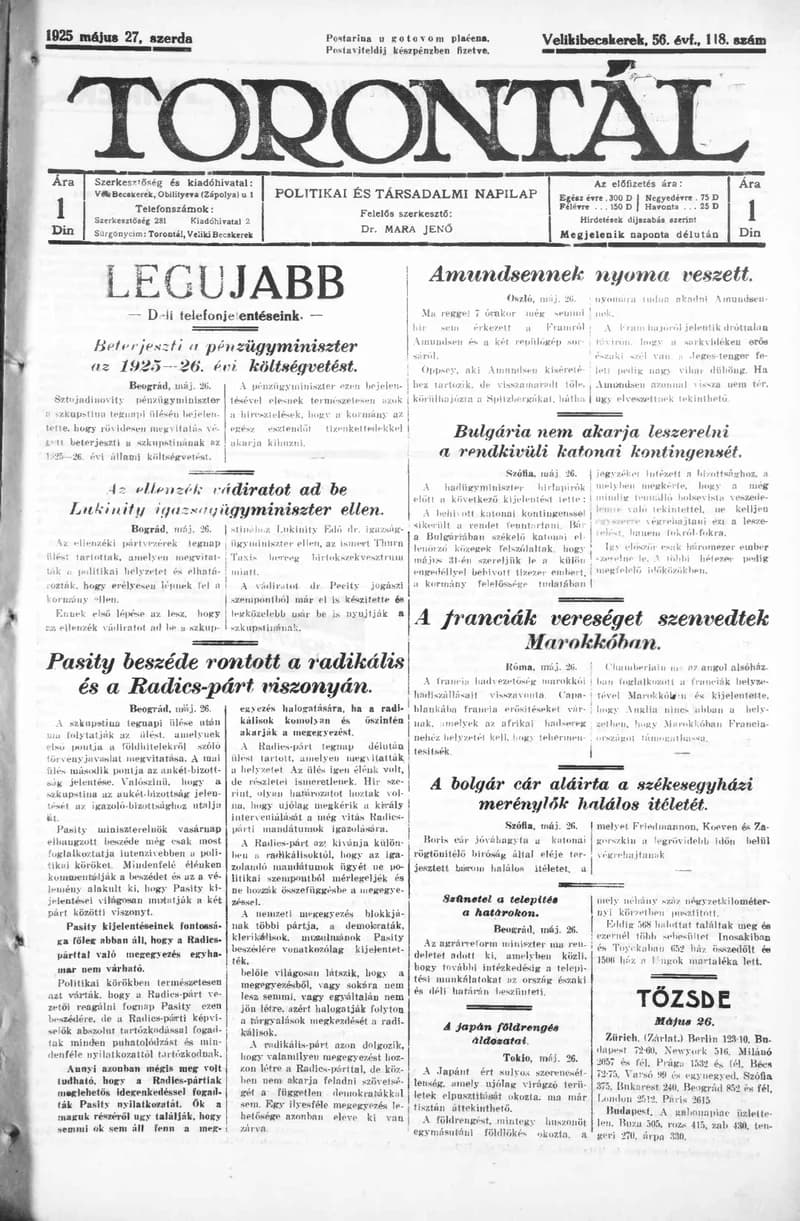 Torontál, 54. évf. 1925. május 27. 118. sz.