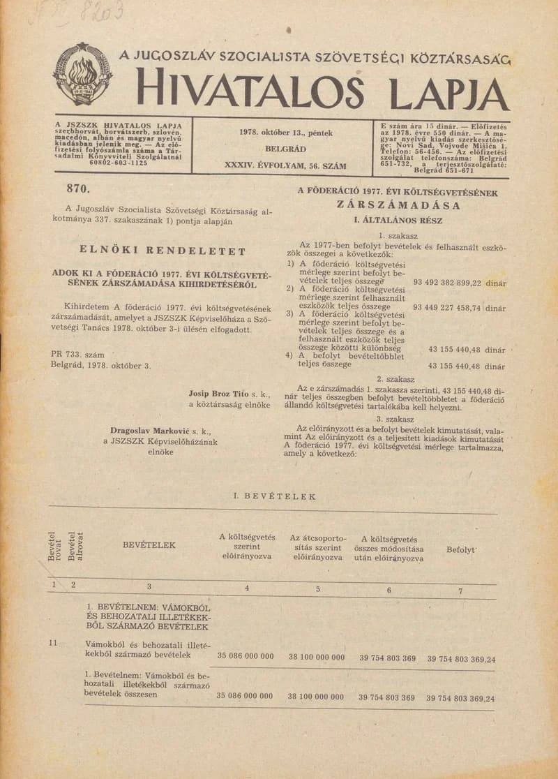 A Jugoszláv Szocialista Szövetségi Köztársaság Hivatalos Lapja, 34. évf. 1978. október 13. 56. sz. 2273–2332. oldal