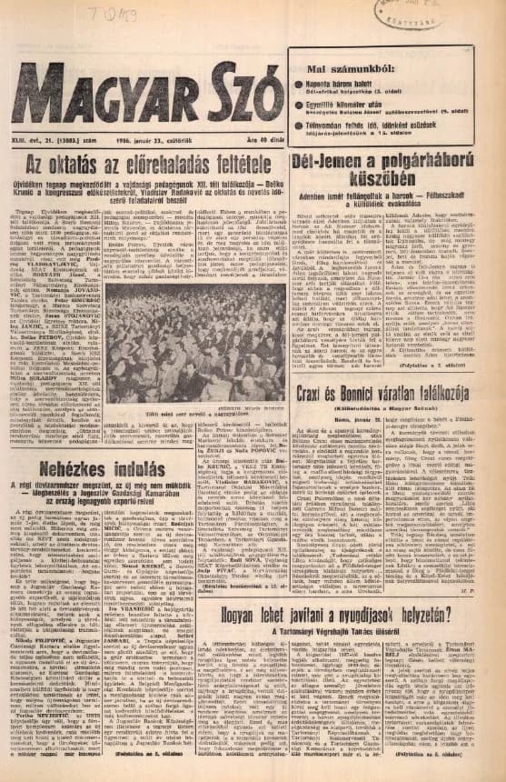 Magyar Szó, 43. évf. 1986. január 23. 21. sz. 1–20. oldal