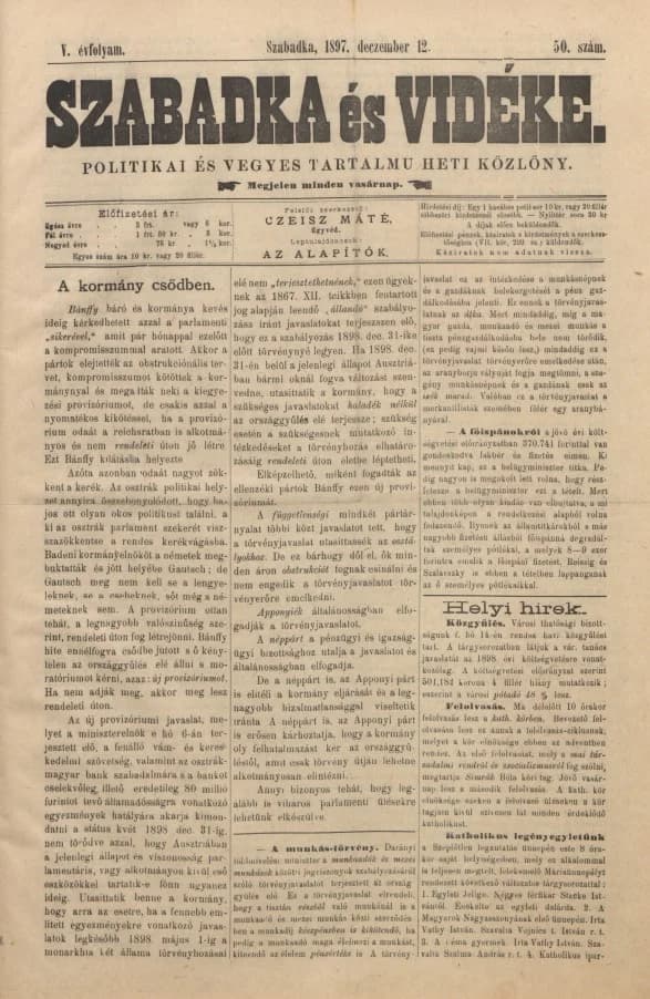 Szabadka és vidéke II, 5. évf. 1897. december 12. 50. sz.