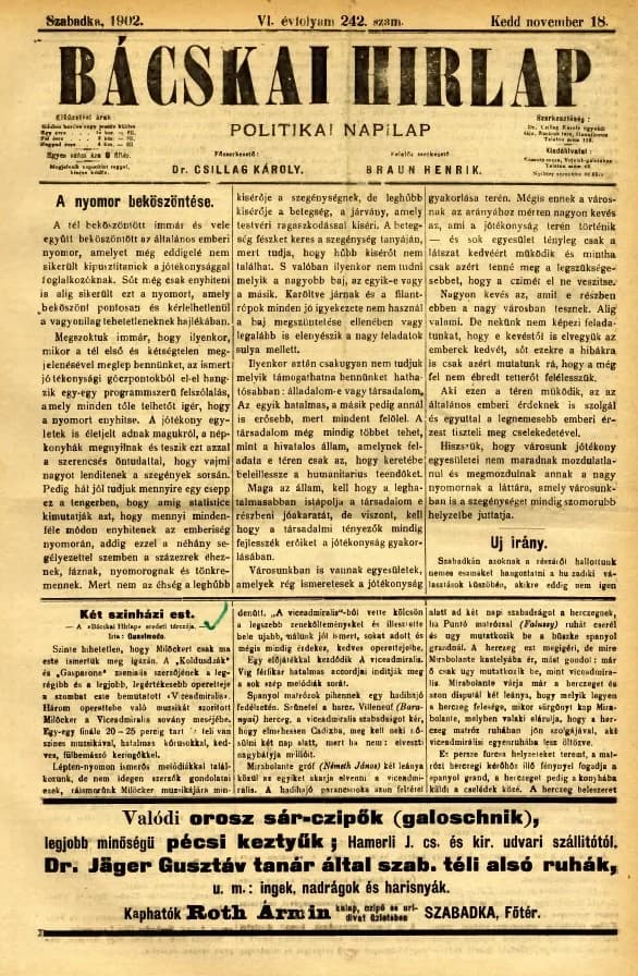 Bácskai Hirlap, 6. évf. 1902. november 18. 242. sz.