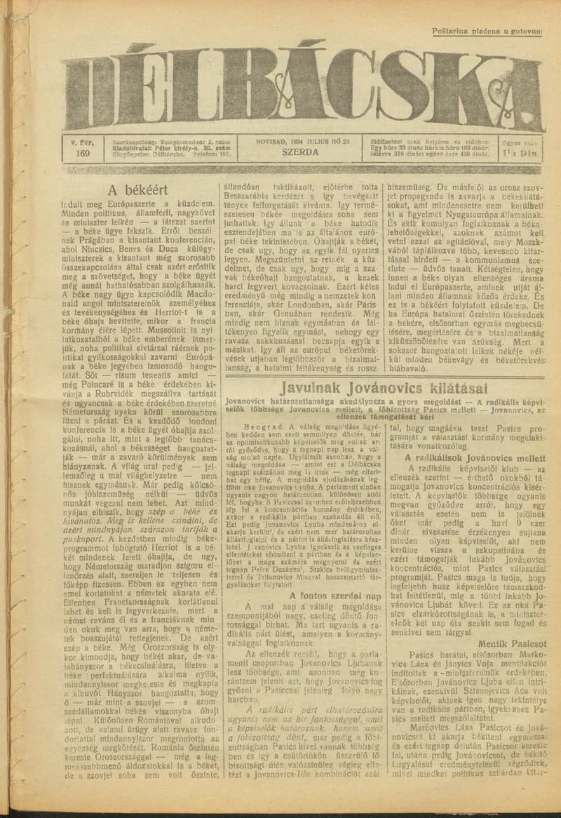 Délbácska, 5. évf. 1924. július 21. 169. sz.