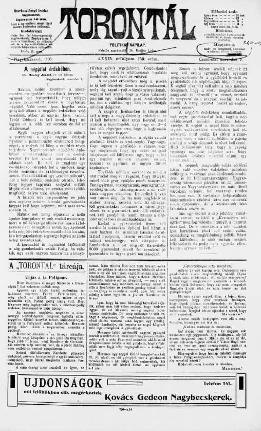 Torontál, 34. évf. 1905. november 2. 250. sz.