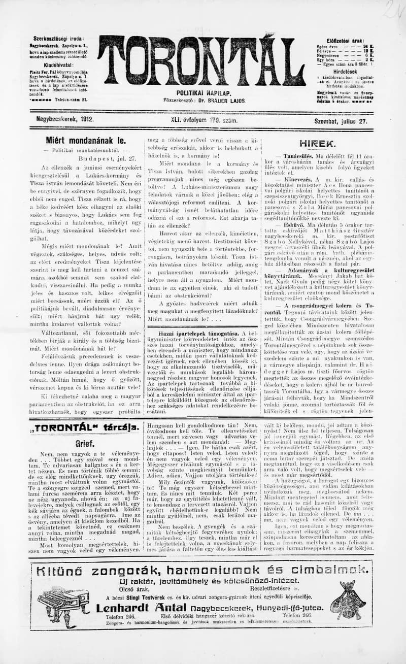 Torontál, 41. évf. 1912. július 27. 170. sz.