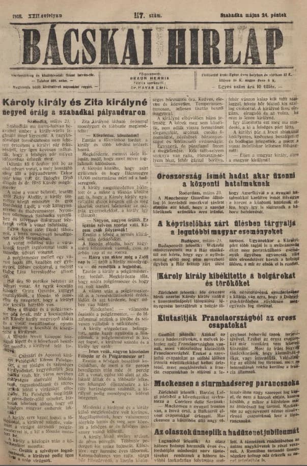 Bácskai Hirlap, 22. évf. 1918. május 24. 117. sz.