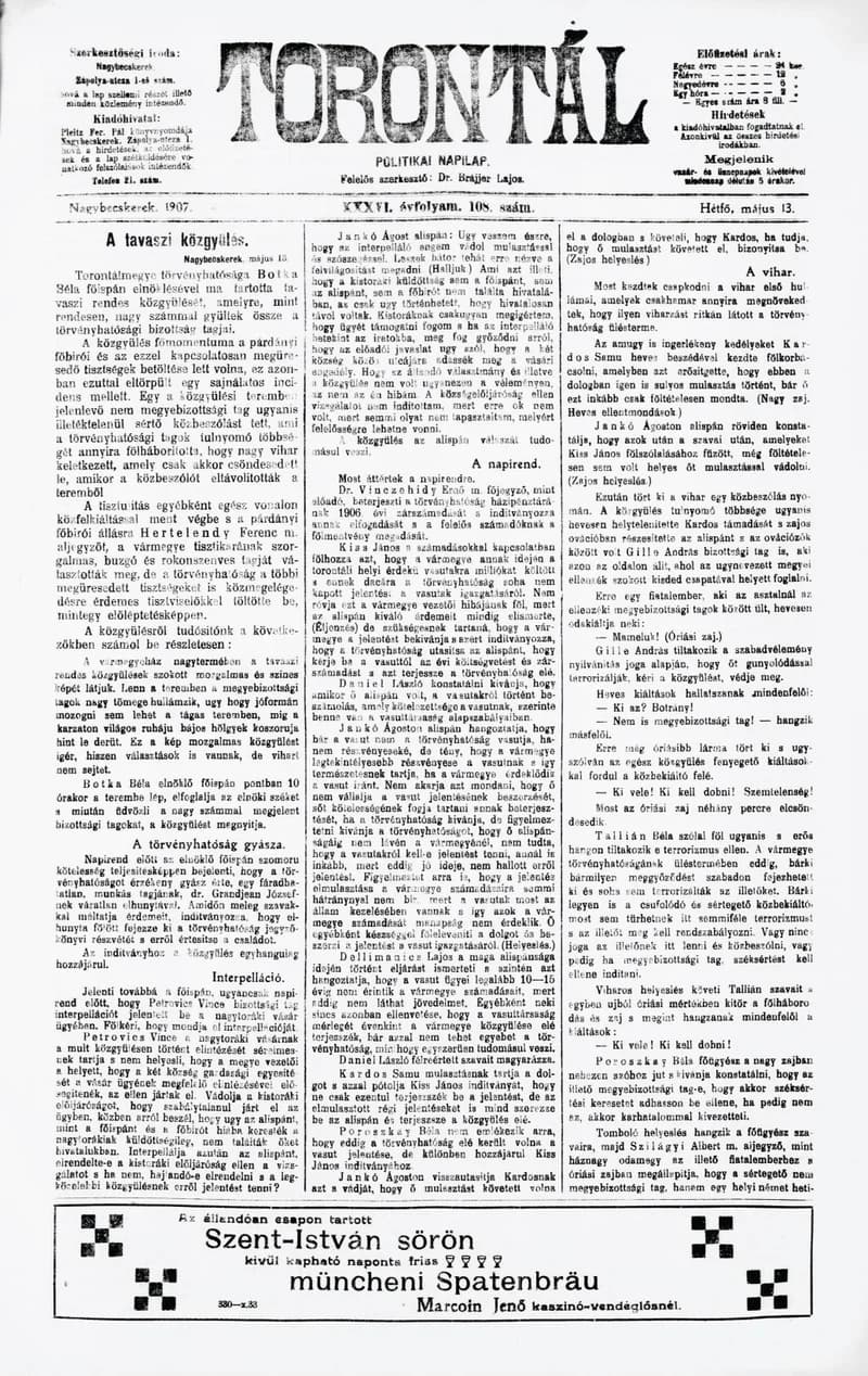 Torontál, 36. évf. 1907. május 13. 108. sz.