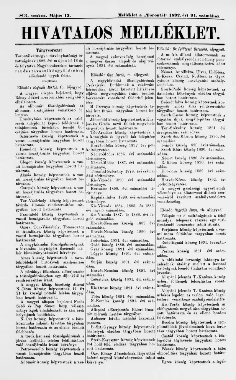 A Totontál  hivatalos melléklete, 5. évf. 1892. május 13. 83. sz.