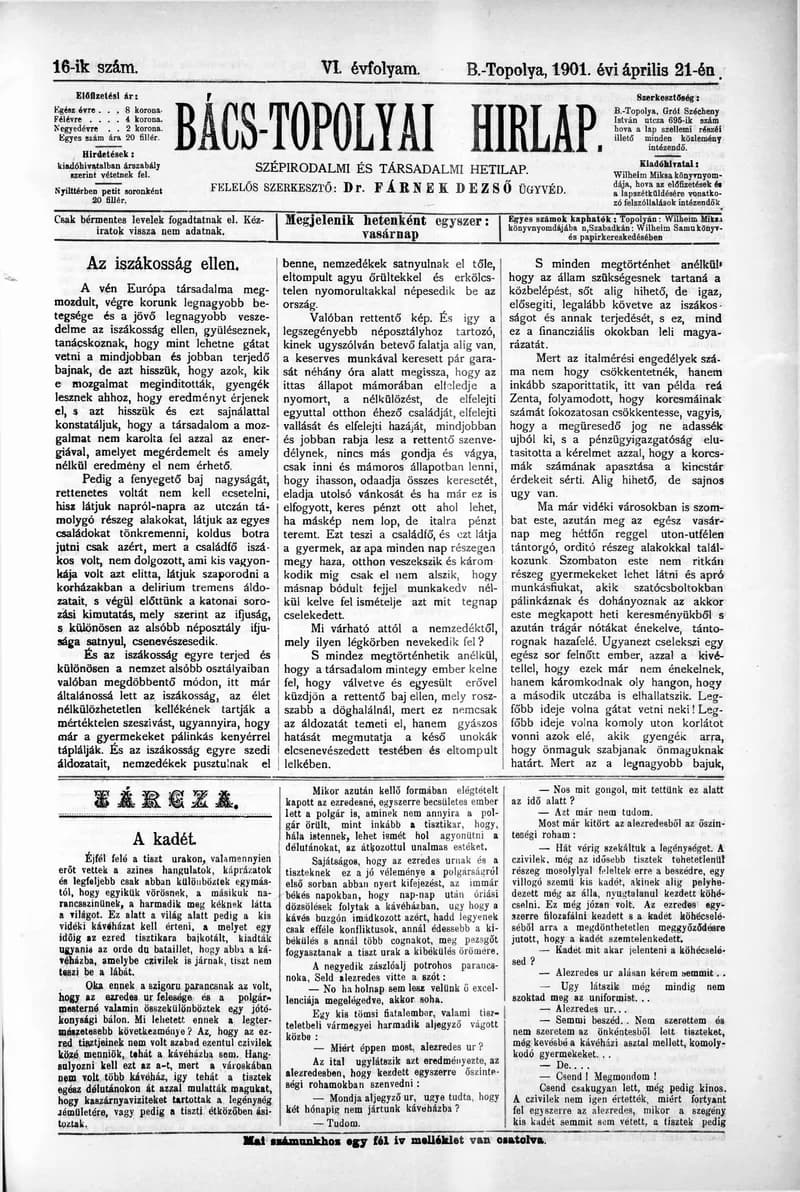 Bács-Topolyai Hirlap, 6. évf. 1901. április 21. 16. sz.