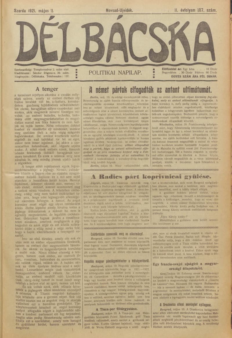 Délbácska, 2. évf. 1921. május 11. 107. sz.