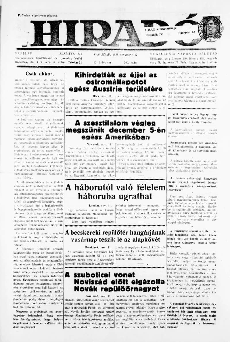 Híradó, 62. évf. 1933. november 12. 266. sz.