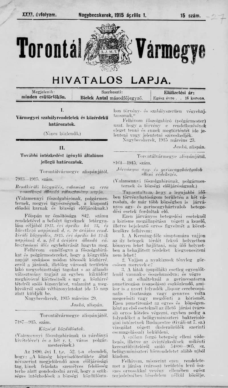 Torontál Vármegye Hivatalos Lapja, 31. évf. 1915. április 1. 15. sz.
