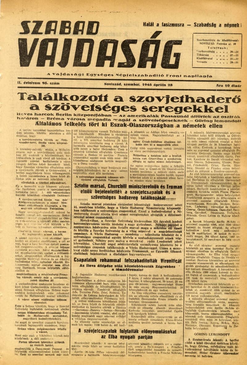 Szabad Vajdaság, 2. évf. 1945. április 28. 95. sz.