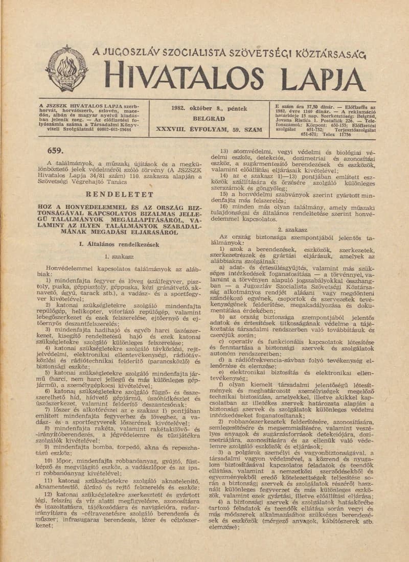 A Jugoszláv Szocialista Szövetségi Köztársaság Hivatalos Lapja, 38. évf. 1982. október 8. 59. sz. 1417–1476. oldal